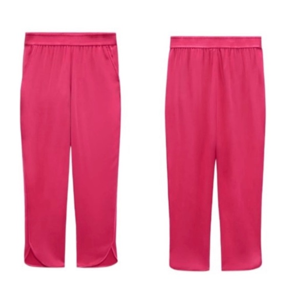 Zara Pink Magenta Elastic Waist Satin Split Hem Trousers Pants XL - Picture 1 of 4